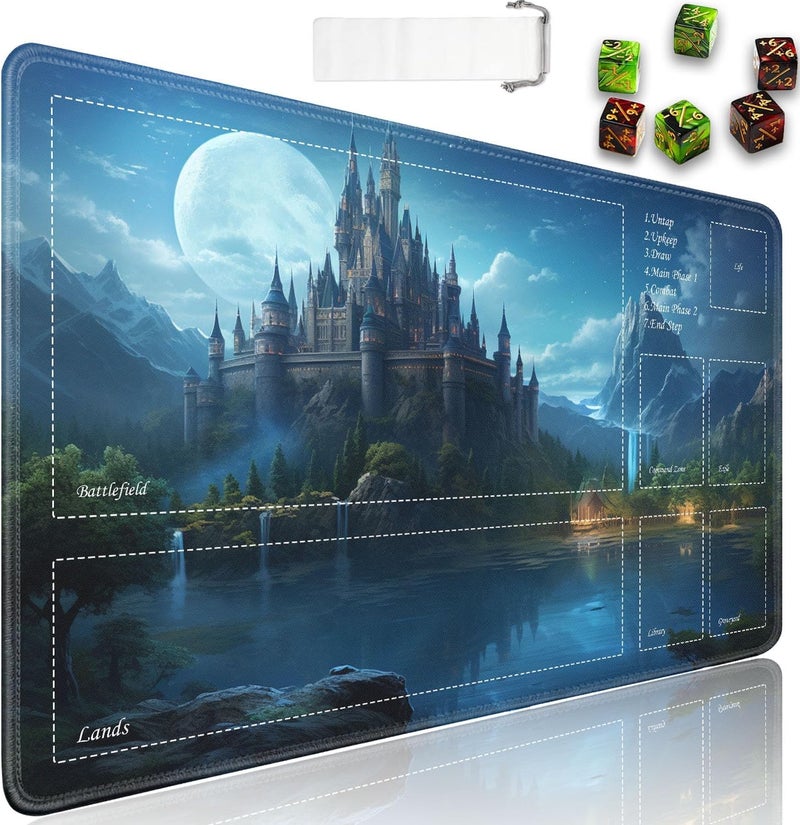 JVGFYNKL حصيرة لعب TCG MTG مع مناطق، 24x14 بوصة مطاط غير قابل للانزلاق، لحصيرة MTG مع حقيبة سفر بسحاب و 6 نرد، غابة القلعة، حصائر ألعاب الورق. - Image 1